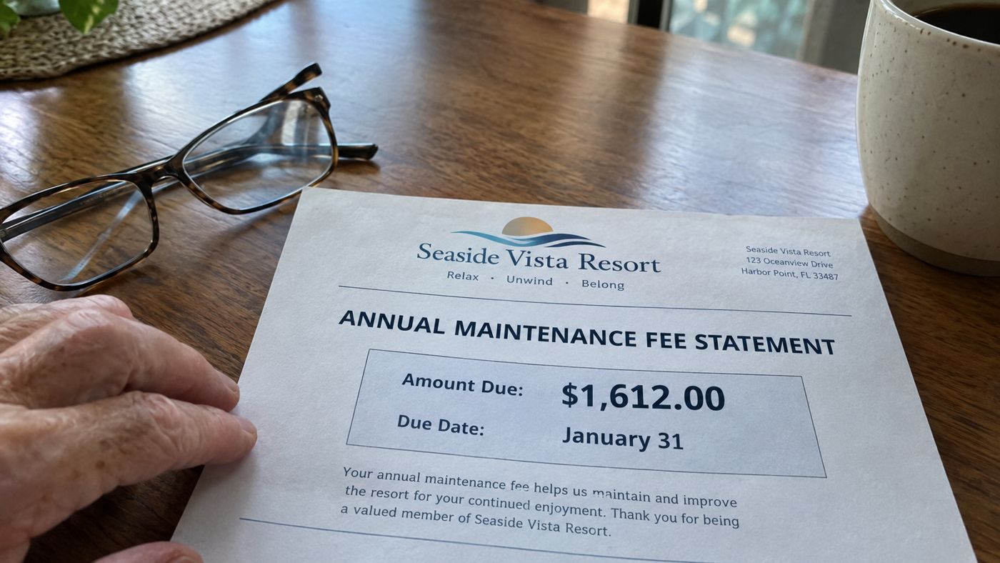 An annual timeshare maintenance fee statement for $1,612 on a kitchen table.