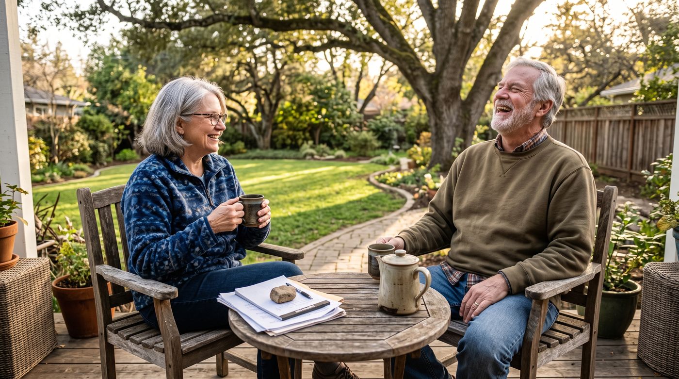 A retired couple relaxing on their back porch.