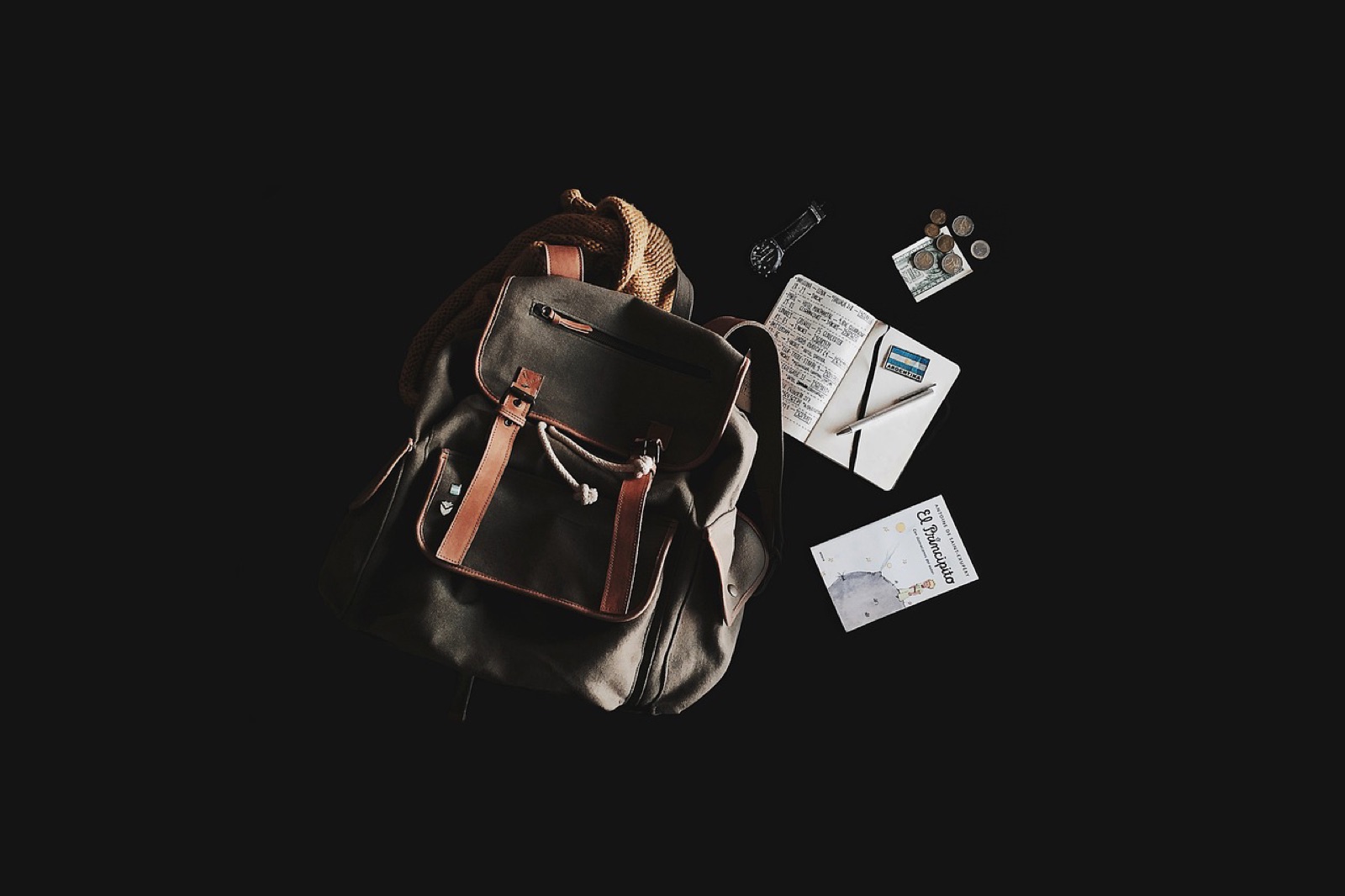 Canvas backpack laid out with a notebook, watch, coins and a travel guide on a dark surface
