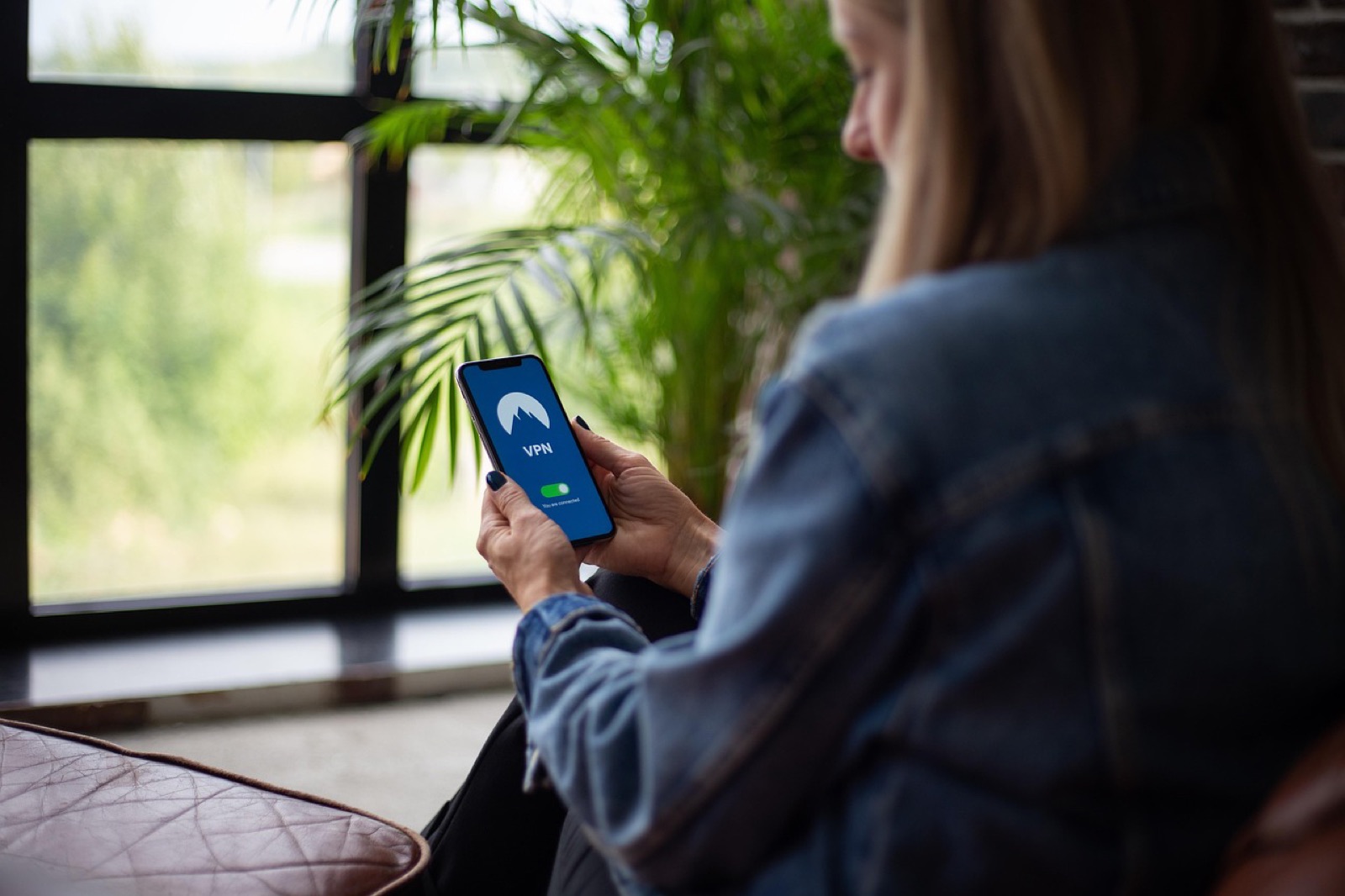 Woman in a denim jacket using a smartphone by a window with plants