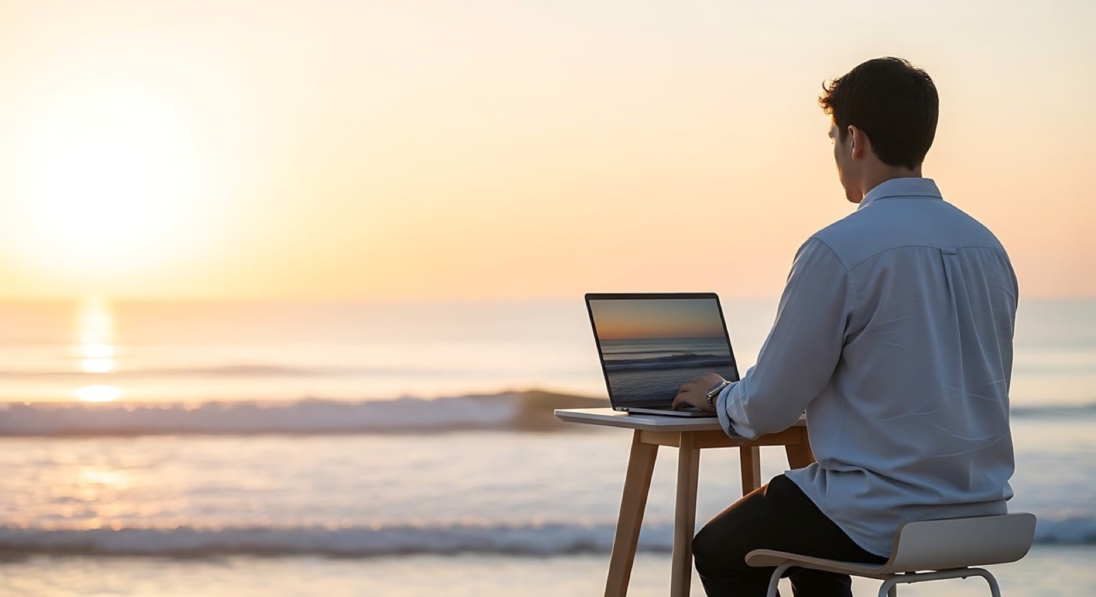 Man working on a laptop at a small table on the beach at sunset